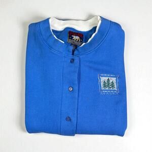 Vintage Polar Alaska Blue Button Front Sweatshirt Jacket L USA Trees Embroidery